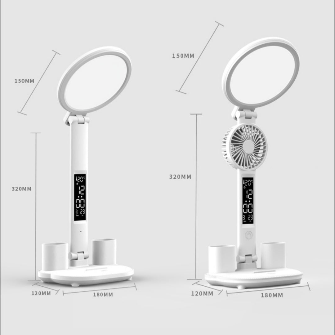 LED Clock Table Lamp USB Chargeable Dimmable Desk Lamp Plug-in LED Fan Light Foldable Eye Protection Reading Night Light