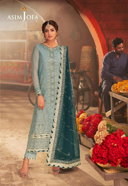 Asim Jofa Unstitched Aquamarine Chiffon Suite | Pakistani Indian Salwar Kameez Designer Eid Wear & Formal Party Wear