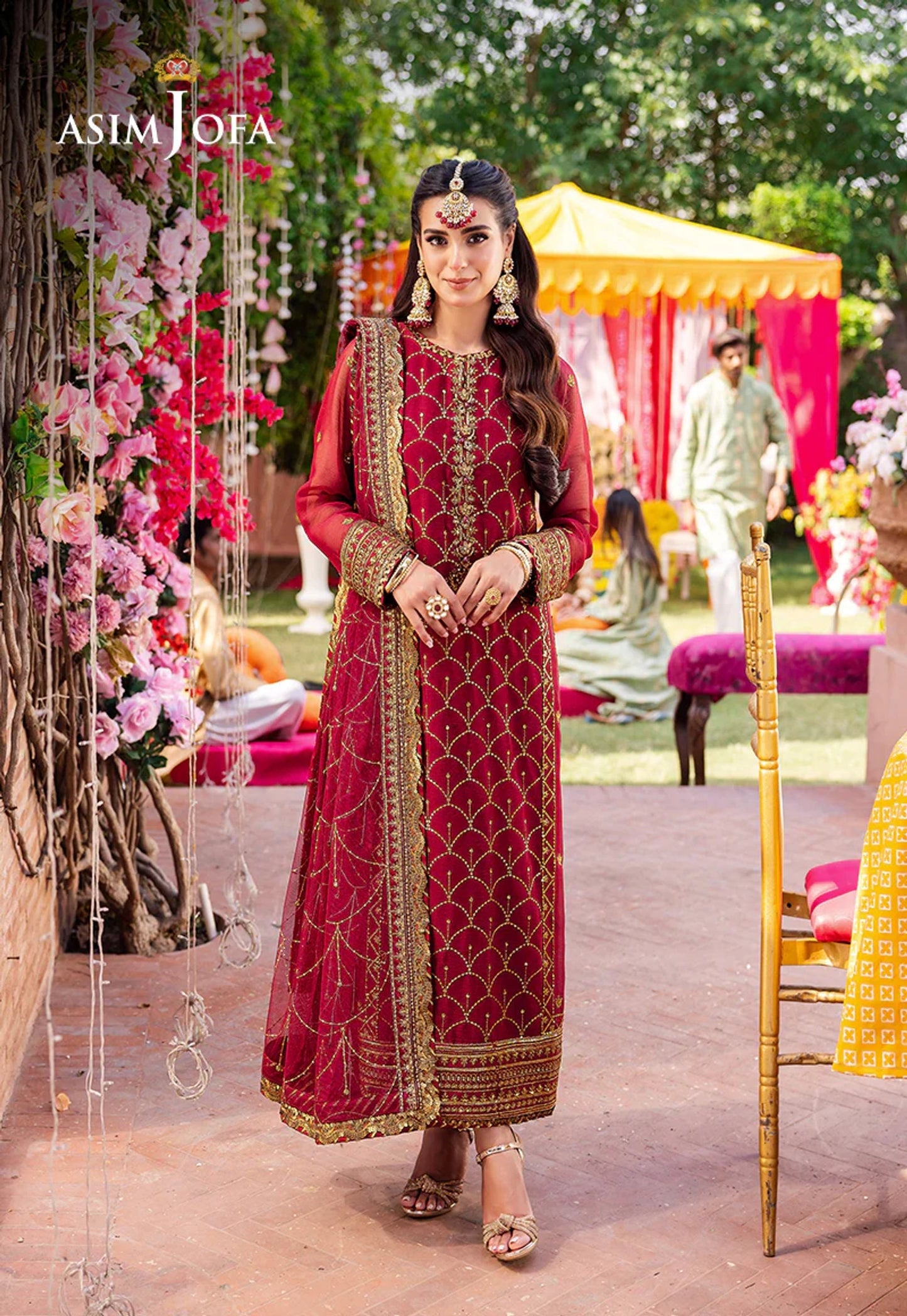 Asim Jofa Red Embroidered Chiffon Suit | Elegant Ethnic Wear | Party Wear Salwar Kameez for Women