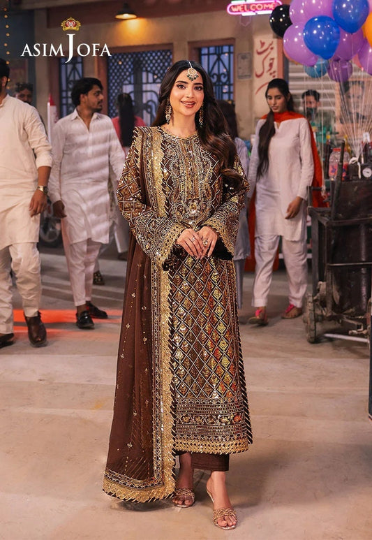 Asim Jofa Chiffon Collection | Embroidered Brown Shirt & Dupatta | Pakistani Salwar Kameez Elegance for Women, Punjabi Suit Gift